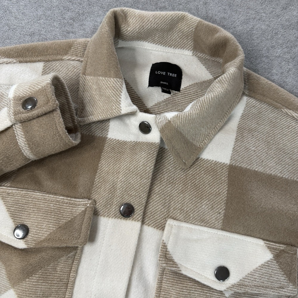Love Tree Plaid Cropped Shacket Jacket Women S Beige Cream Buffalo Check Snap Fr